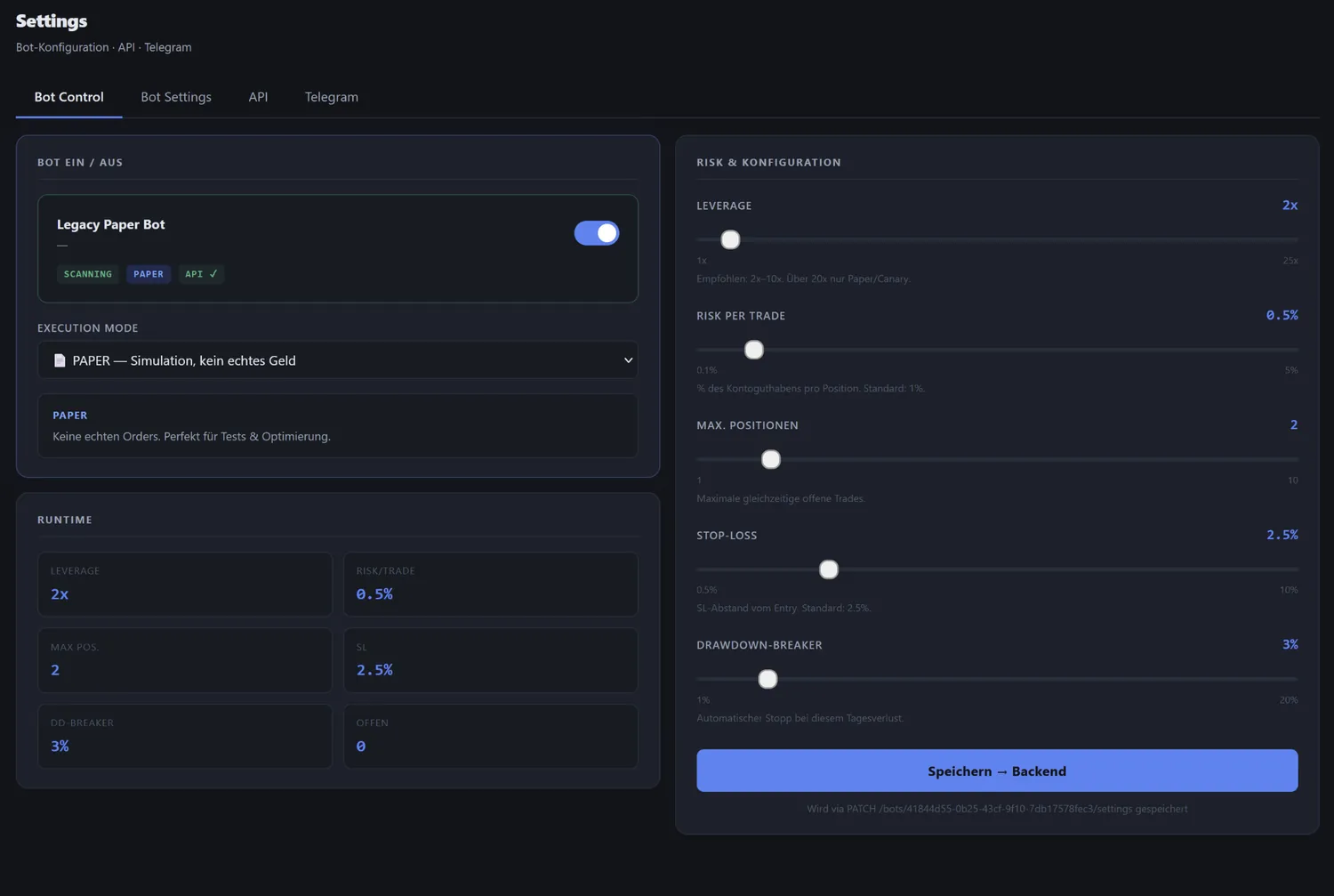 Wing:Trade Settings mit Bot Control, Risiko und Konfiguration